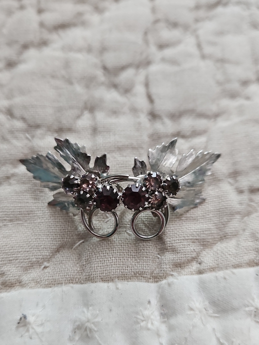 Park Lane Silver-Tone Leaf Clip Earrings with Purple Rhinestones